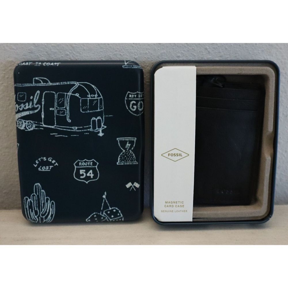 Fossil Black Neel Magnetic Card Case Leather Wallet w/Metal Case RFID Protection